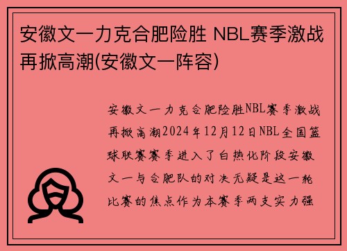 安徽文一力克合肥险胜 NBL赛季激战再掀高潮(安徽文一阵容)