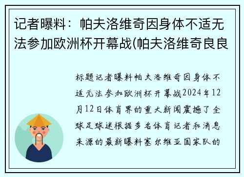 记者曝料：帕夫洛维奇因身体不适无法参加欧洲杯开幕战(帕夫洛维奇良良)