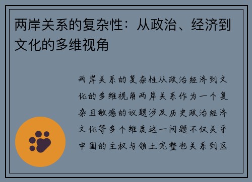 两岸关系的复杂性：从政治、经济到文化的多维视角