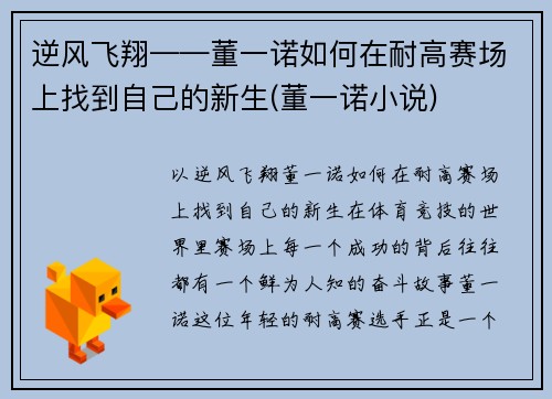 逆风飞翔——董一诺如何在耐高赛场上找到自己的新生(董一诺小说)