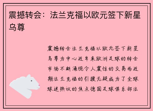 震撼转会：法兰克福以欧元签下新星乌尊