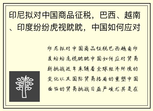 印尼拟对中国商品征税，巴西、越南、印度纷纷虎视眈眈，中国如何应对贸易新挑战？