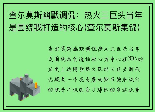 查尔莫斯幽默调侃：热火三巨头当年是围绕我打造的核心(查尔莫斯集锦)