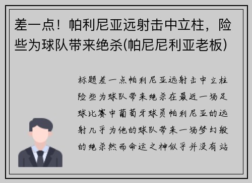 差一点！帕利尼亚远射击中立柱，险些为球队带来绝杀(帕尼尼利亚老板)